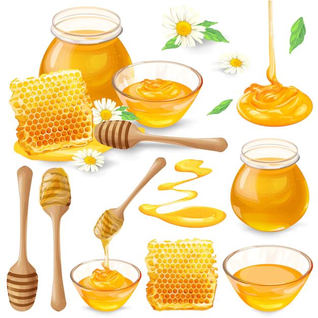 Free Vector | Set of vector illustrations of honey in honeycombs, in a jar, dripping from honey dipper