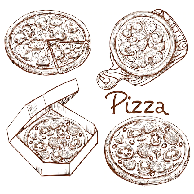 Free Vector | Set of vector illustrations whole pizza and slice, pizza on a wooden board, pizza in a box for delivery.