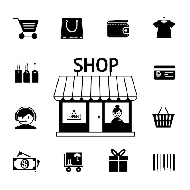 Free Vector | Set of vector shopping icons in black and white with a cart  trolley  wallet  bank card  shop  store  money  gift  delivery and bar code depicting consumerism and retail purchasing