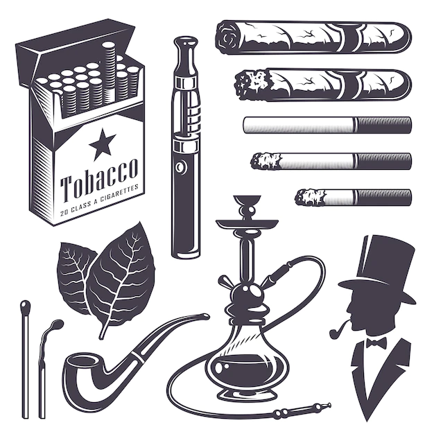 Free Vector | Set of vintage smoking tobacco elements. monochrome style. isolated on white background.
