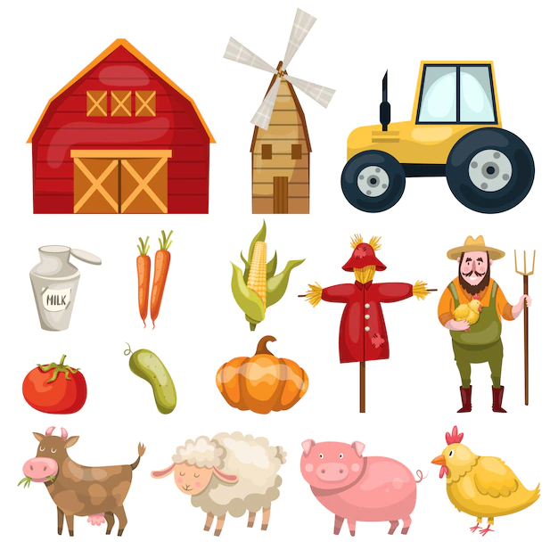 Free Vector | Set with plenty of colorful isolated farm symbols buildings animals characters natural food and organic vegetables