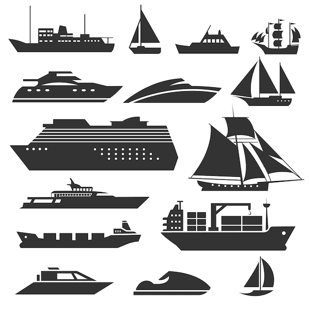 Free Vector | Ships and boats . barge, cruise ship, shipping and fishing boat  signs. black silhouette of marine vehicles illustration