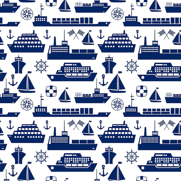 Free Vector | Ships and boats marine seamless background pattern with silhouette vector icons of a cruise liner  yacht  sailboat  container ship  tanker  freighter  anchor  semaphore flags  ships wheel  square