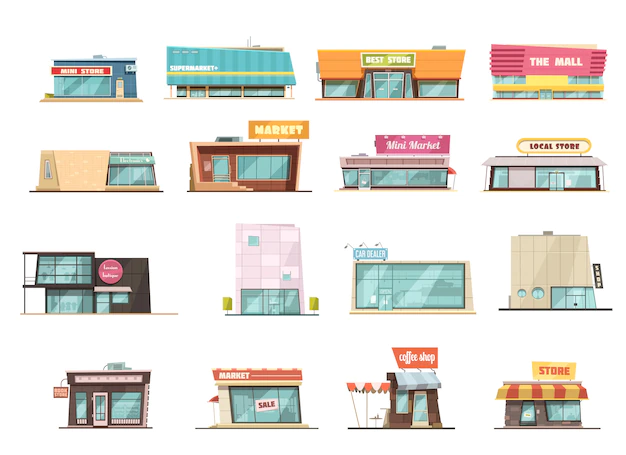 Free Vector | Shop building cartoon set with mini store symbols isolated vector illustration