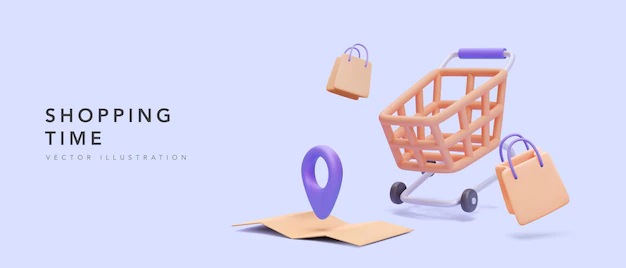 Free Vector | Shopping time banner with realistic map, cart and gift bags. vector illustration