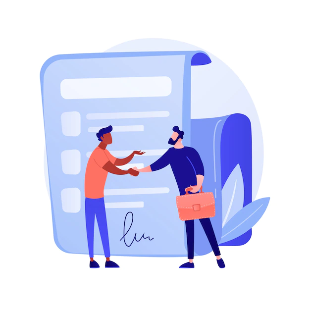 Free Vector | Signing contract. official document, agreement, deal commitment. businessmen cartoon characters shaking hands. legal contract with signature concept illustration