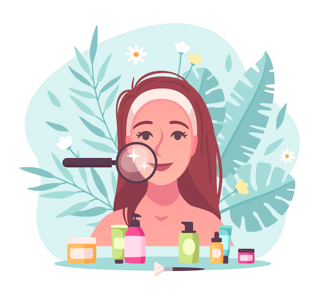 Free Vector | Skincare flat cartoon composition with young woman examining her face with magnifier