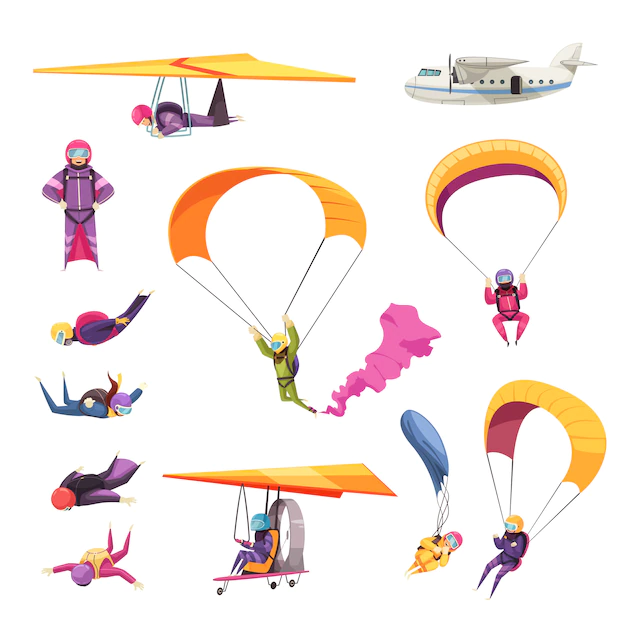 Free Vector | Skydiving extreme sport elements flat icons collection with parachute jump free fall airplane glider isolated