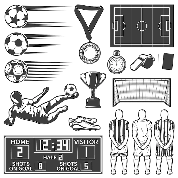 Free Vector | Soccer monochrome elements set with team during penalty sports equipment football boots referees objects isolated