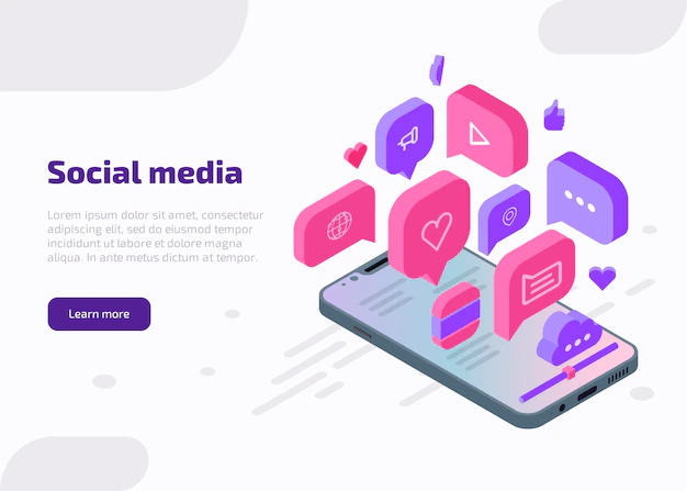 Free Vector | Social media marketing isometric web banner, landing page template. influencer concept with like, chat, video, music, heart, cloud, internet icons from smartphone screen.