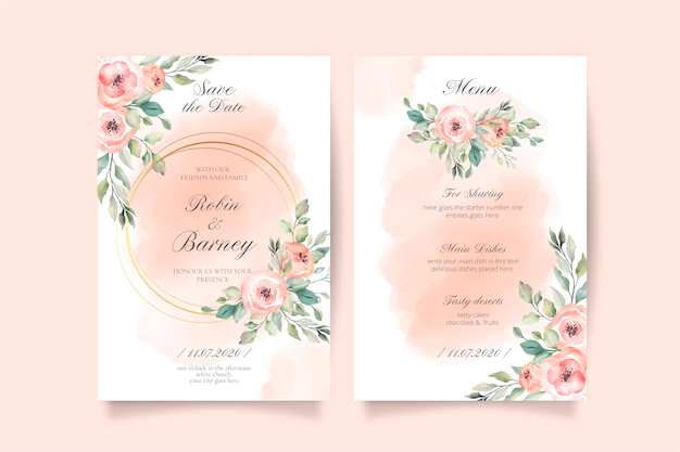 Free Vector | Soft pink wedding invitation and menu template