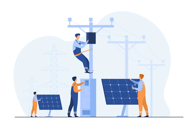 Free Vector | Solar power plant maintenance. utility workers repairing electric installations, boxes on towers under power lines. for electric network operation, city service, renewable energy topics