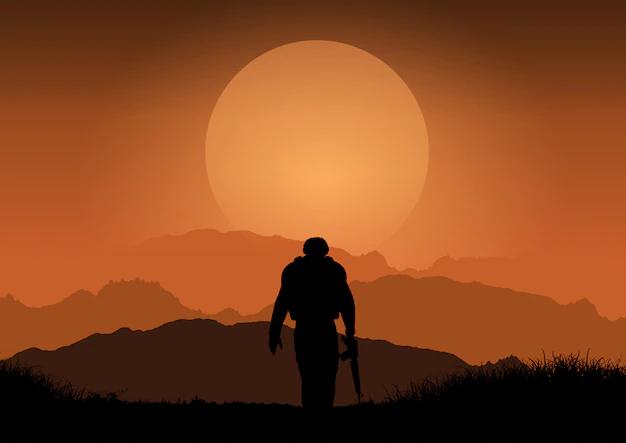 Free Vector | Soldier against sunset landscape