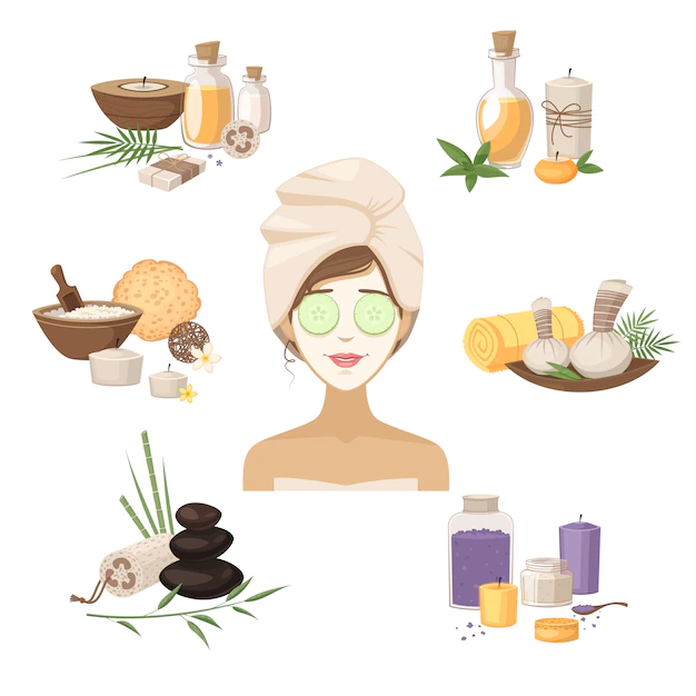 Free Vector | Spa beauty elements with woman mask stones oils and creams isolated vector illustration