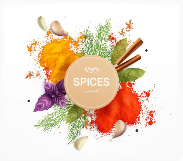 Free Vector | Spices and herbs tag decorated with leaves of dill basil bay and powder of curry and paprika realistic illustration