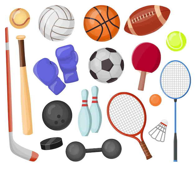 Free Vector | Sport equipment cartoon set. balls and gaming item for hockey, rugby, baseball and tennis racket. bowling, boxing and golf collection