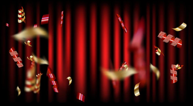 Free Vector | Spotlight on red curtain background and falling golden confetti