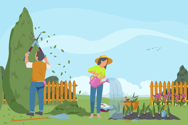 Free Vector | Spring gardening flat composition with characters of gardeners working in outdoor garden scenery with growing vegetables