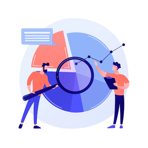 Free Vector | Statistical analysis. man cartoon character with magnifying glass analyzing data. circular diagram with colorful segments. statistics, audit, research concept illustration