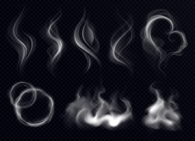 Free Vector | Steam smoke with ring and swirl shape realistic set white on dark transparent background isolated