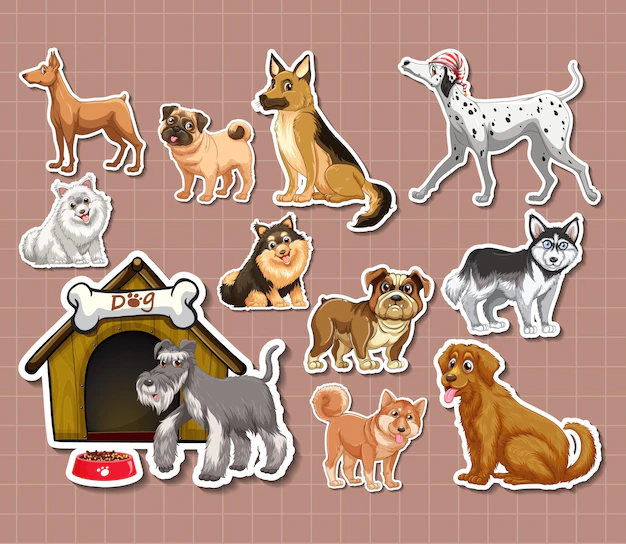 Free Vector | Sticker set of different dogs cartoon