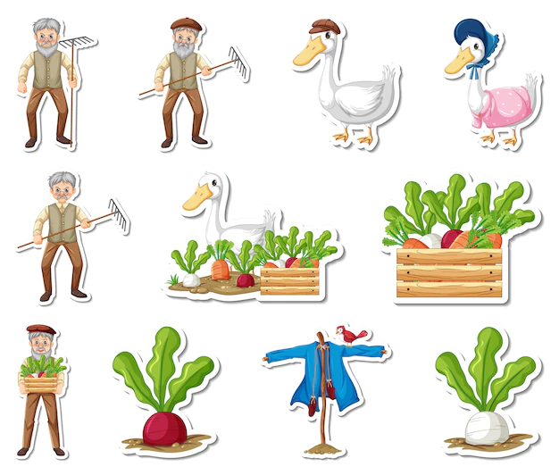 Free Vector | Sticker set of farm objects and farmer cartoon characters