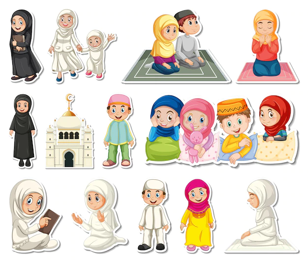 Free Vector | Sticker set of islamic religious symbols and cartoon characters