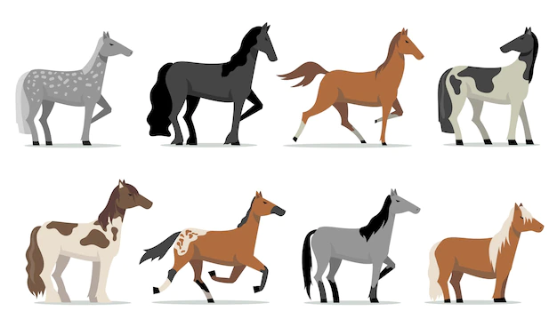 Free Vector | Stud horses set. colorful breed racing stallions standing and running. isolated flat vector illustrations for husbandry, horse breeding, business, pets