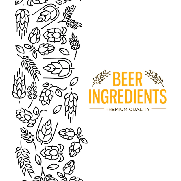 Free Vector | Stylish design card with images to the left of the yellow text beer ingredients of flowers, twig of hops, blossom, malt