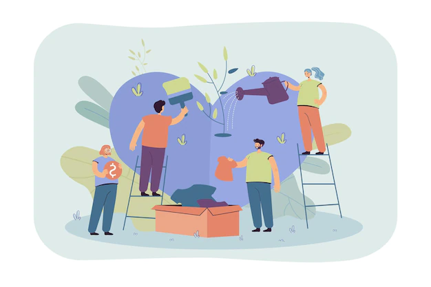Free Vector | Stylized volunteer team giving care and sharing hope isolated flat illustration. cartoon group of characters helping poor people with social support and money