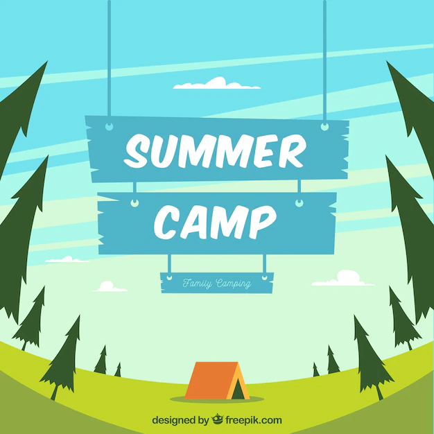 Free Vector | Summer camp background with blue wooden sign