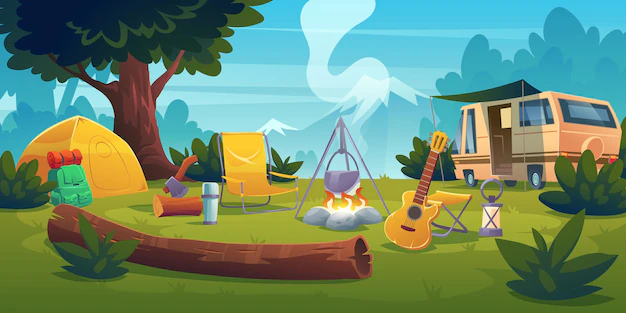 Free Vector | Summer camp with bonfire, tent, van, backpack, chair and guitar.