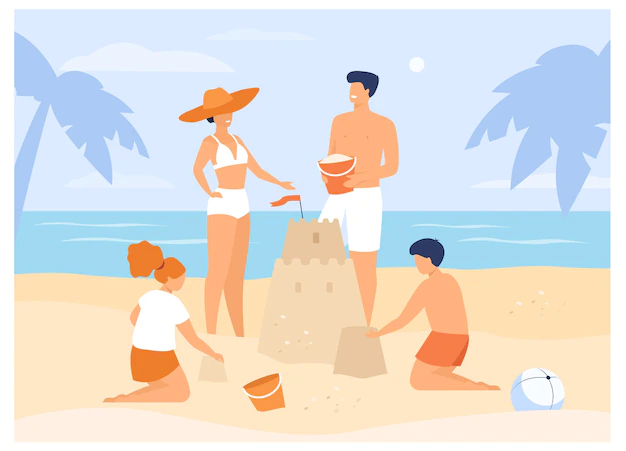 Free Vector | Summer family activities . children, mom and dad making sandcastle on beach. for tropical resort, holiday, tourism