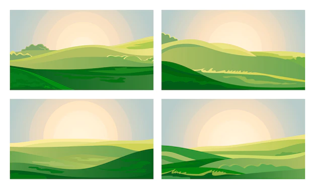 Free Vector | Summer green landscape field dawn above hills with grass.
