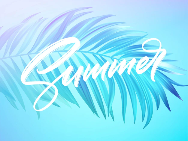 Free Vector | Summer lettering design in a colorful blue and purple palm tree leaves background