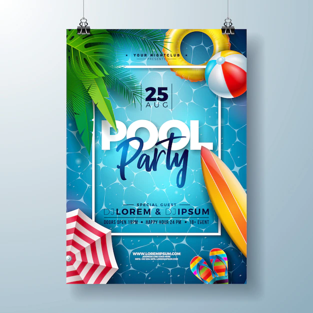 Free Vector | Summer pool party poster design template with palm leaves and beach ball