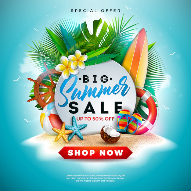 Free Vector | Summer sale banner design with flower exotic leaves on ocean blue