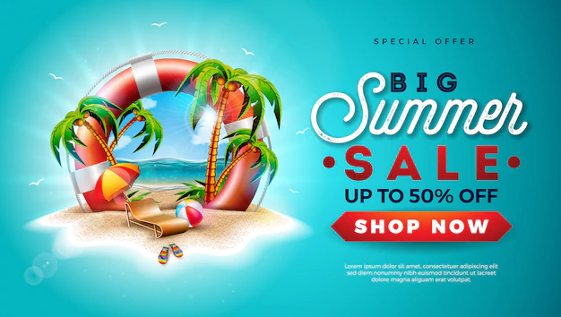 Free Vector | Summer sale banner with lifebelt and exotic palm trees