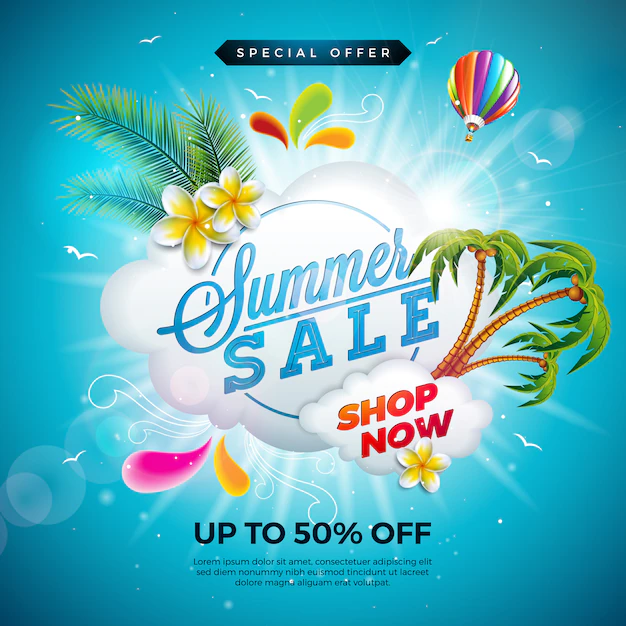 Free Vector | Summer sale design with flower and exotic palm leaves on blue background