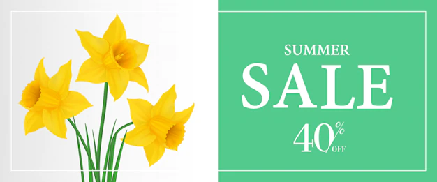 Free Vector | Summer sale, forty percent off banner template with yellow daffodils on green background.