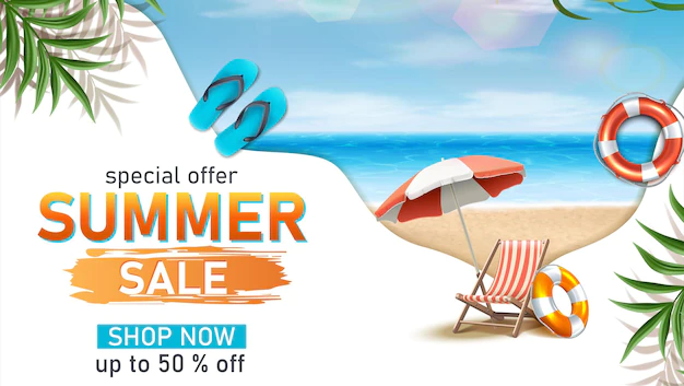 Free Vector | Summer sale horizontal banner template with summer beach elements sun bed umbrella and flats