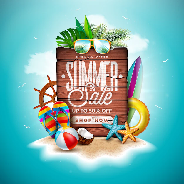 Free Vector | Summer sale with exotic palm leaves and vintage wood board