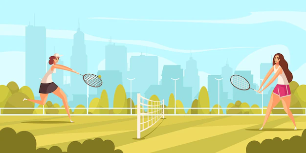 Free Vector | Summer sport tennis composition with human characters of women engaged in game with urban cityscape   illustration
