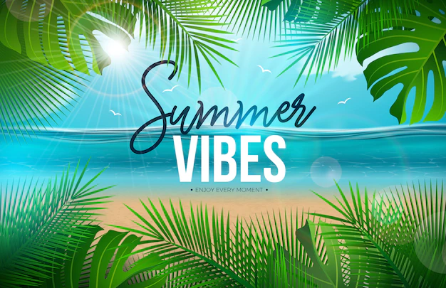 Free Vector | Summer vibes with palm leaves and ocean landscape