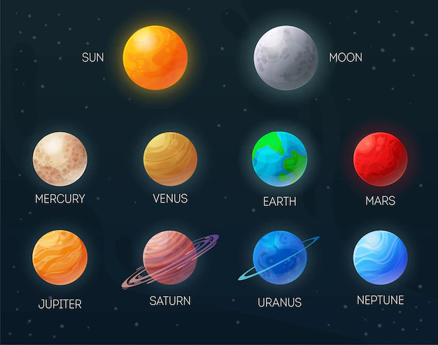 Free Vector | Sun moon mercury venus earth mars jupiter saturn uranus neptun colorful planets set