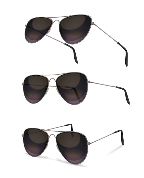 Free Vector | Sunglasses set with realistic images of aviator sunglasses from various angles with shadows on blank background