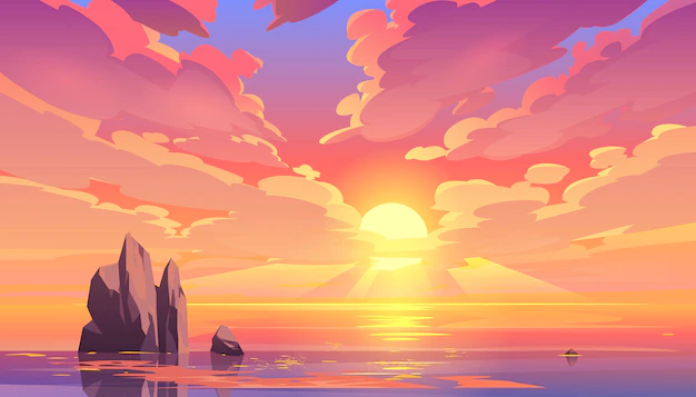 Free Vector | Sunset or sunrise in ocean, nature landscape.