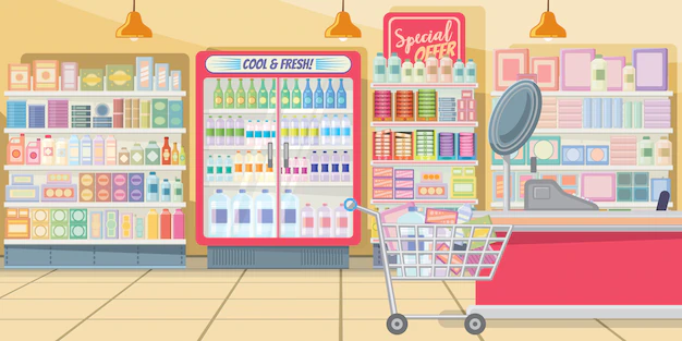 Free Vector | Supermarket with food shelves illustration