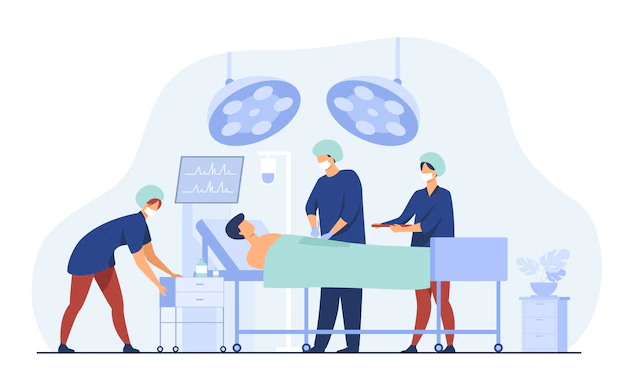 Free Vector | Surgeons team surrounding patient on operation table flat vector illustration. cartoon medical workers preparing for surgery. medicine and technology concept
