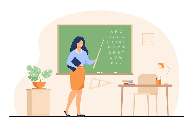 Free Vector | Teacher standing near blackboard and holding stick isolated flat vector illustration. cartoon woman character near chalkboard and pointing on alphabet.